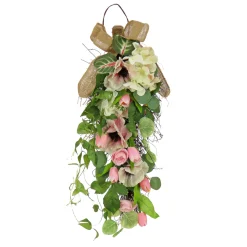 Hot 26 in. Spring Teardrop Wall Hanging Decoration with Hydrangea and Tulip Blooms, Eucalyptus Leaves, Flowing Green Stems Wreaths