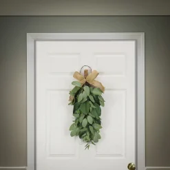Sale 26 in. Spring Teardrop Wall Hanging Decoration with Eucalyptus Leaves, Magnolia Blooms, Flowing Green Stems Wreaths