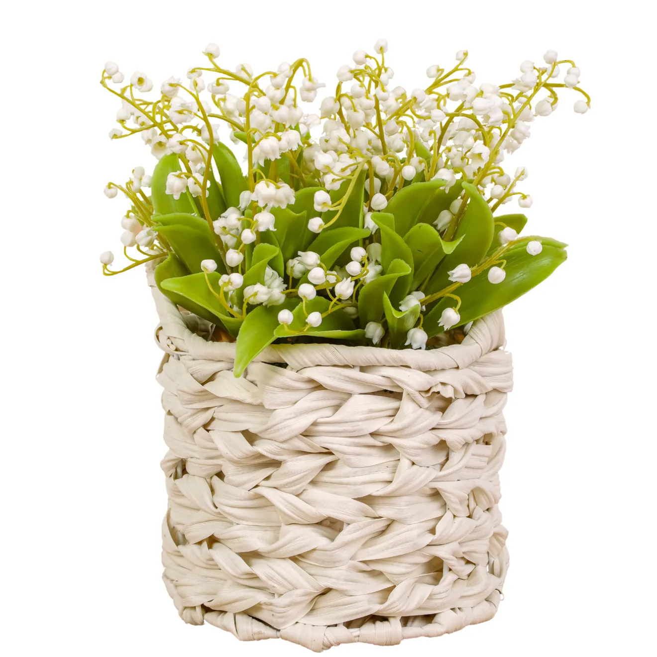 Hot 11 in. Spring White Lily-of-the-Valley Flowers in White Basket Flower Arrangements