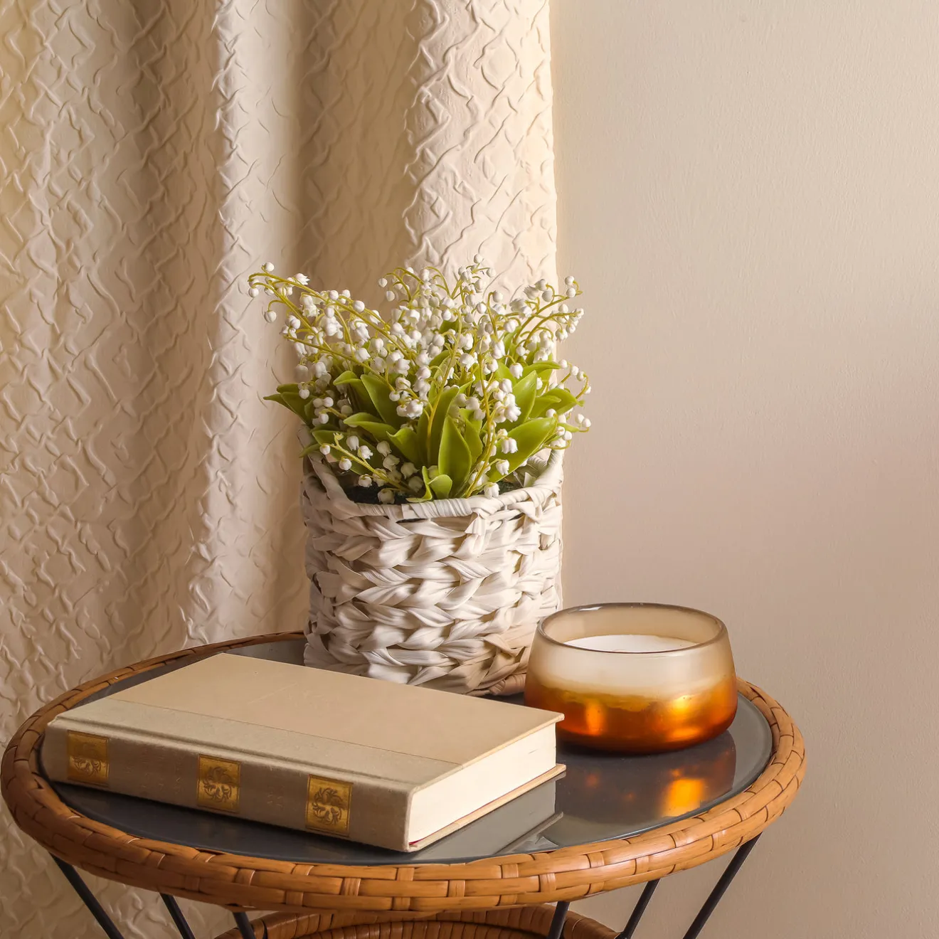 Hot 11 in. Spring White Lily-of-the-Valley Flowers in White Basket Flower Arrangements