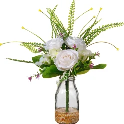 Clearance 12 in. Spring White Roses Flower Bouquet in Glass Vase with Leafy Greens Flower Arrangements