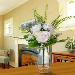 Clearance 12 in. Spring White Roses Flower Bouquet in Glass Vase with Leafy Greens Flower Arrangements