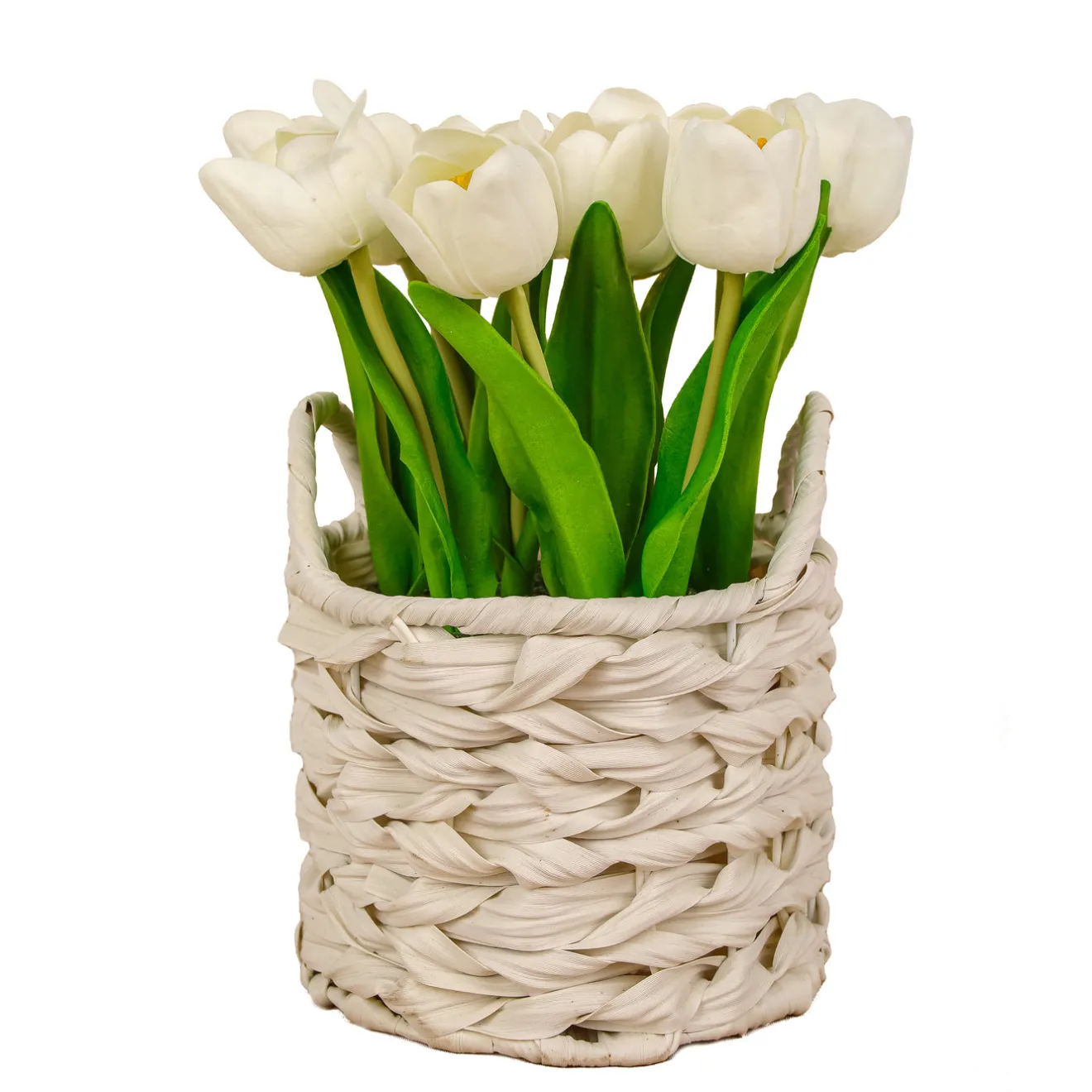 Hot 10 in. Spring White Tulip Bouquet in White Basket Flower Arrangements