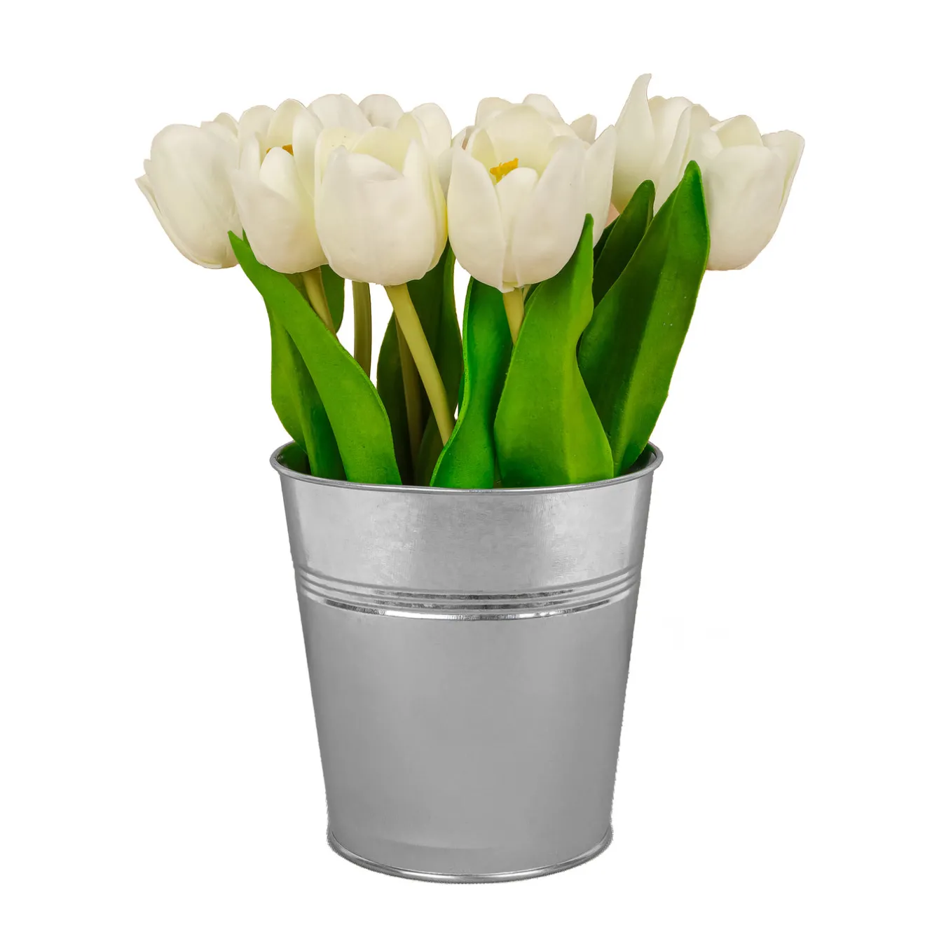 New 9 in. Spring White Tulip Bouquet in Metal Pot Flower Arrangements