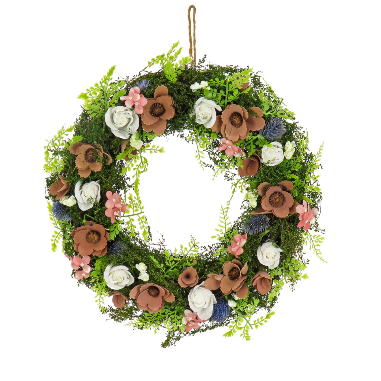 18 in. Spring Wreath with Assorted Flower Blooms, Roses, Seed Pods, Flowing Green Stems Wreaths