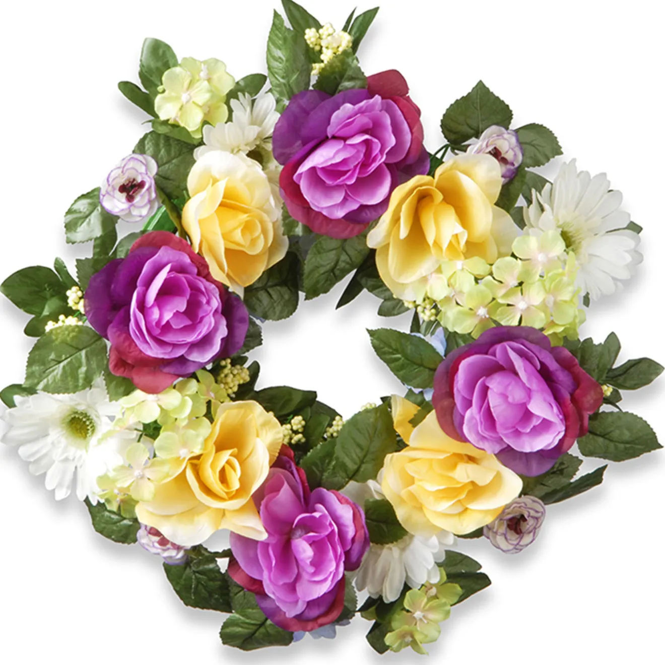 18 in. Spring Wreath with Colorful Daisies, Hydrangeas, Roses, Leafy Greens Wreaths