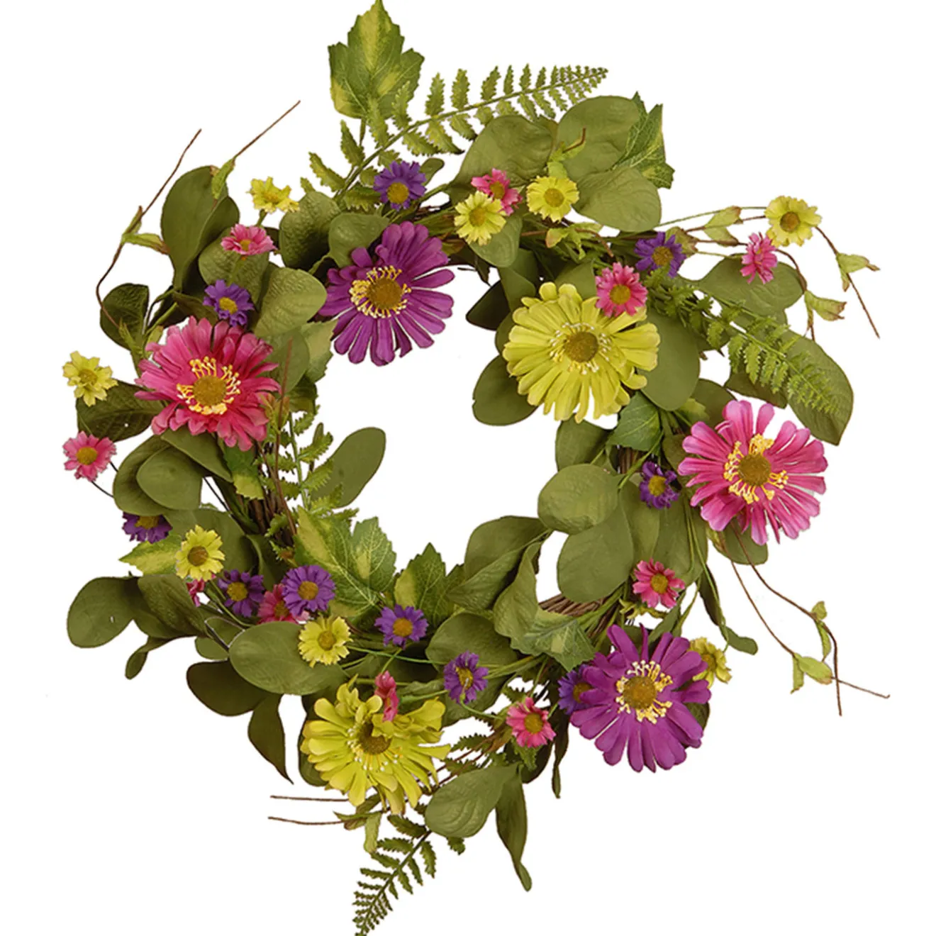 22 in. Spring Wreath with Dasiy Blooms, Leafy Greens Wreaths