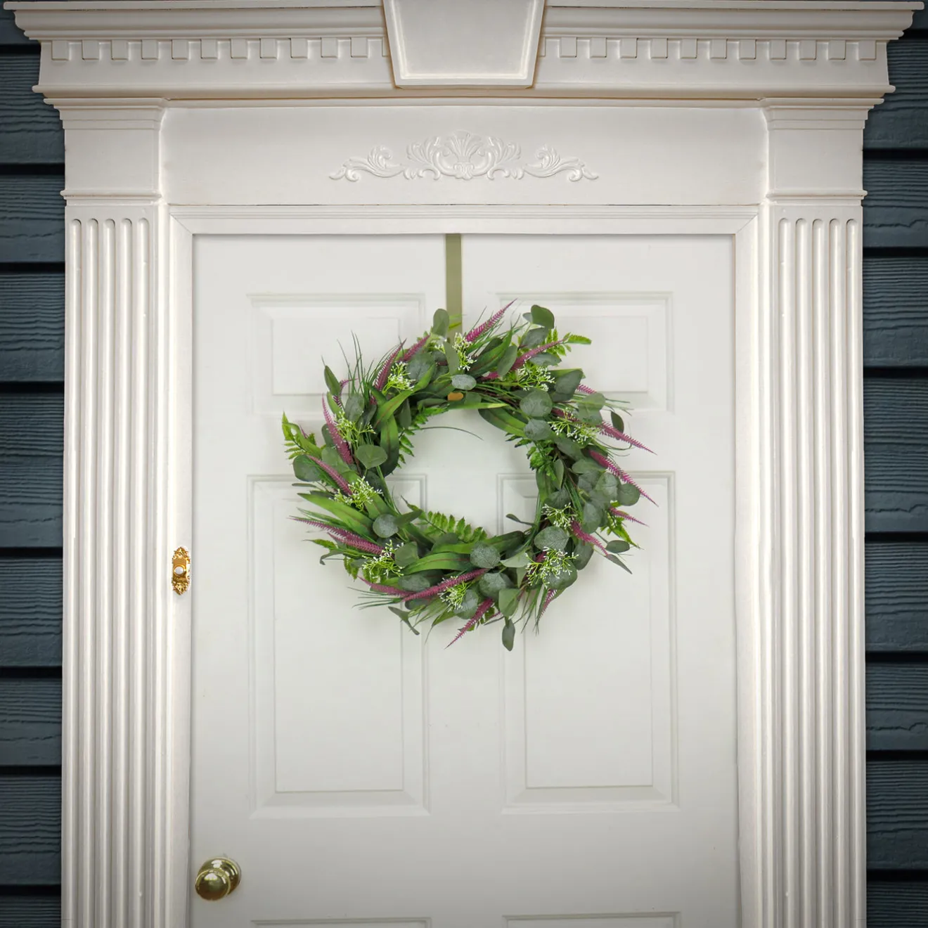 Outlet 22 in. Spring Wreath with Eucalyptus Leaves, Lavender, Flowing Green Stems Wreaths