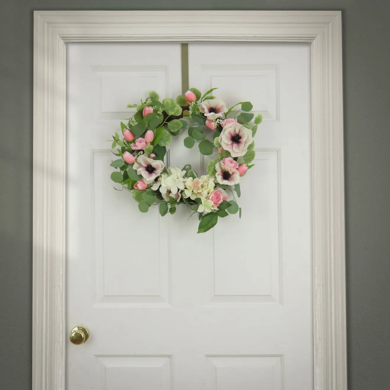 Discount 22 in. Spring Wreath with Hydrangea, Tulip, and Eucalyptus Blooms Wreaths