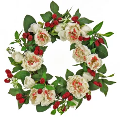 Discount 22 in. Spring Wreath with Peony Flowers, Raspberries, and Leafy Greens Wreaths