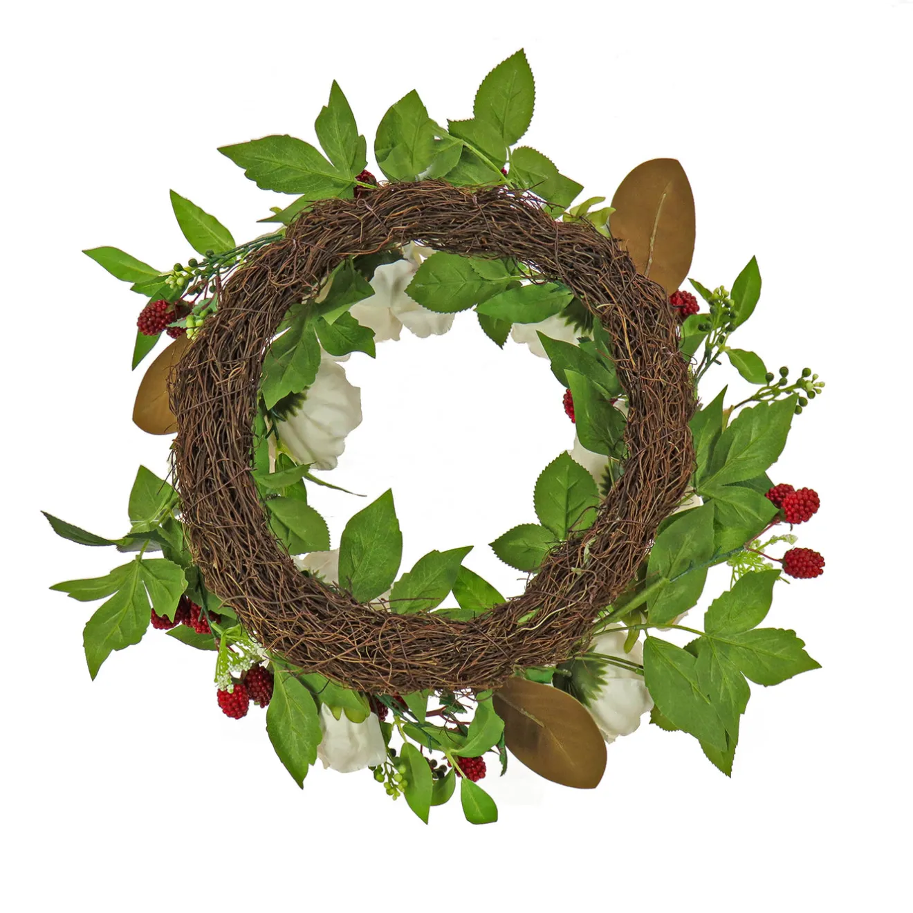 Discount 22 in. Spring Wreath with Peony Flowers, Raspberries, and Leafy Greens Wreaths