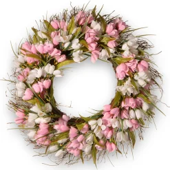 Sale 21 in. Spring Wreath with Pink and White Tulips, Flowing Green Stems Wreaths
