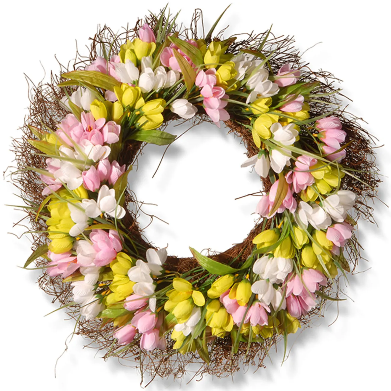 Sale 21 in. Spring Wreath with Pink, Yellow and White Tulips Wreaths