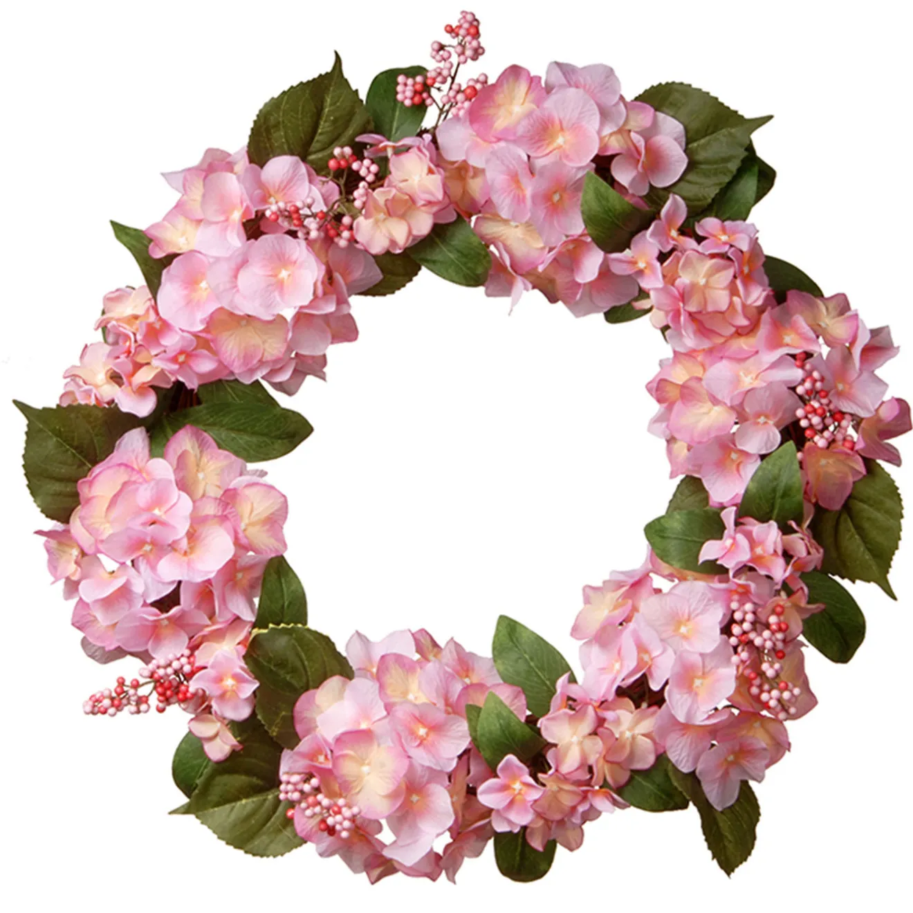Discount 24 in. Spring Wreath with Pink Hydrangea Blooms, Berry Clusters, Leafy Greens Wreaths