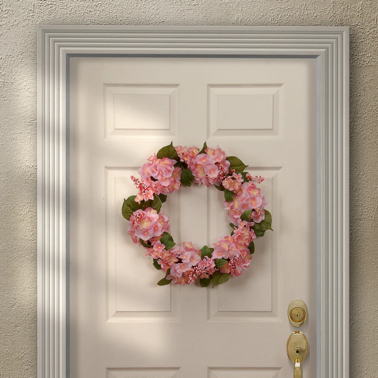 Discount 24 in. Spring Wreath with Pink Hydrangea Blooms, Berry Clusters, Leafy Greens Wreaths