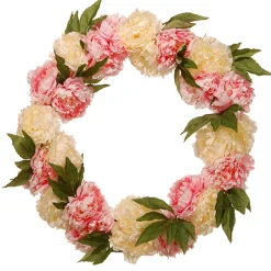New 24 in. Spring Wreath with Pink and White Peony Blooms, Leafy Greens Wreaths