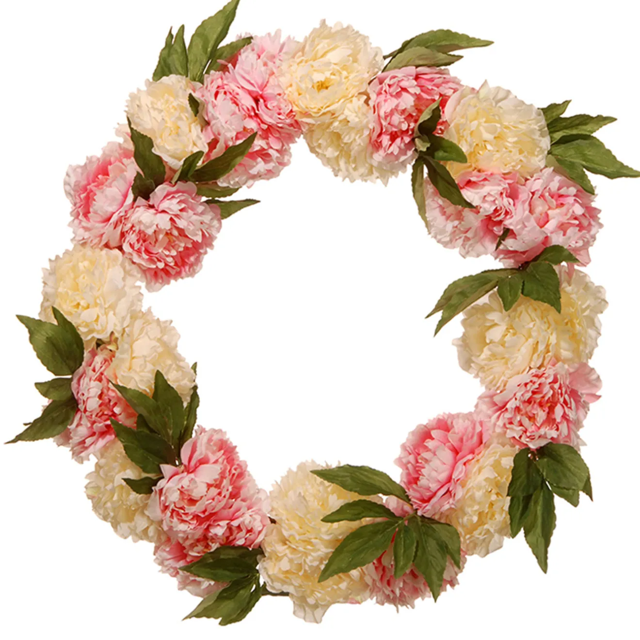 New 24 in. Spring Wreath with Pink and White Peony Blooms, Leafy Greens Wreaths