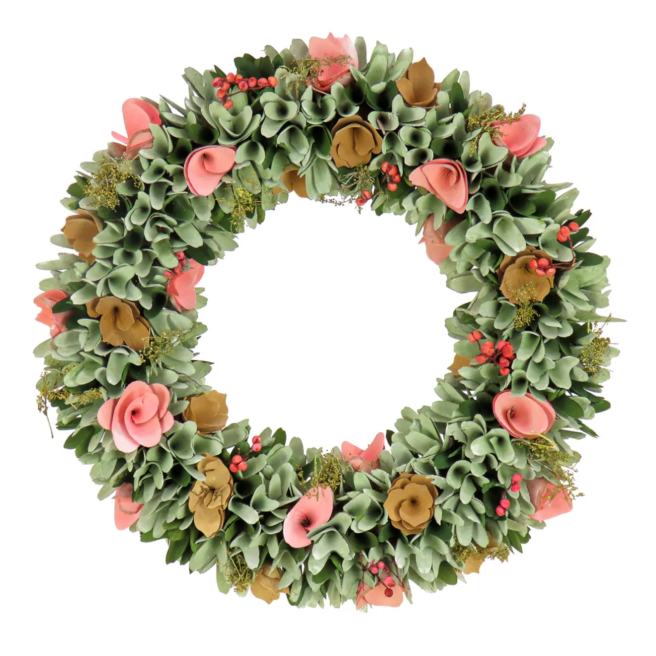 Online 18 in. Spring Wreath with Pink and Brown Assorted Wood Cut Flowers, Flowing Green Leaves Wreaths