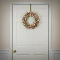 Clearance 18 in. Spring Wreath with Pink and Green Assorted Wood Cut Flowers, Flowing Green Leaves Wreaths