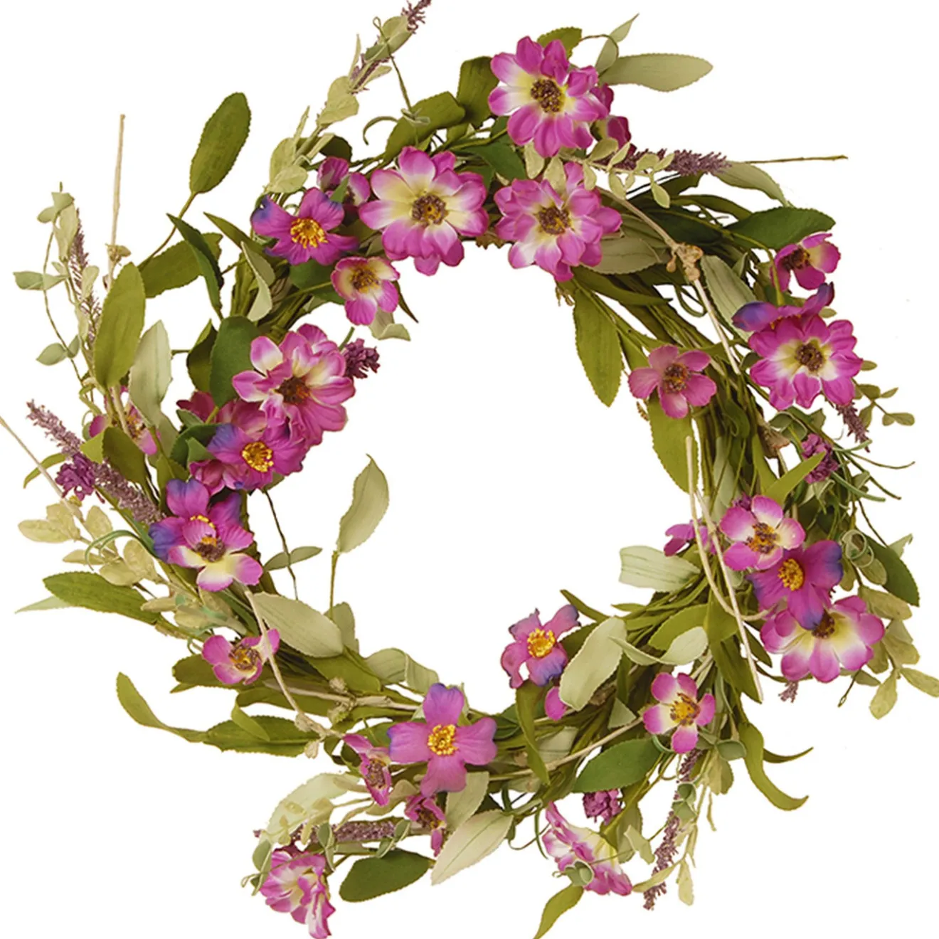 20 in. Spring Wreath with Purple Daisy Blooms, Lavender Flowers, and Leafy Greens Wreaths