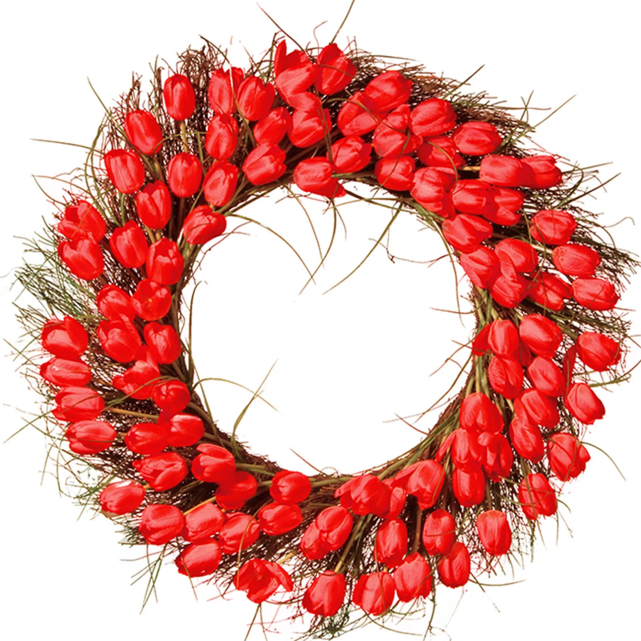 New 32 in. Spring Wreath with Red Tulip Blooms, Flowing Green Stems Wreaths