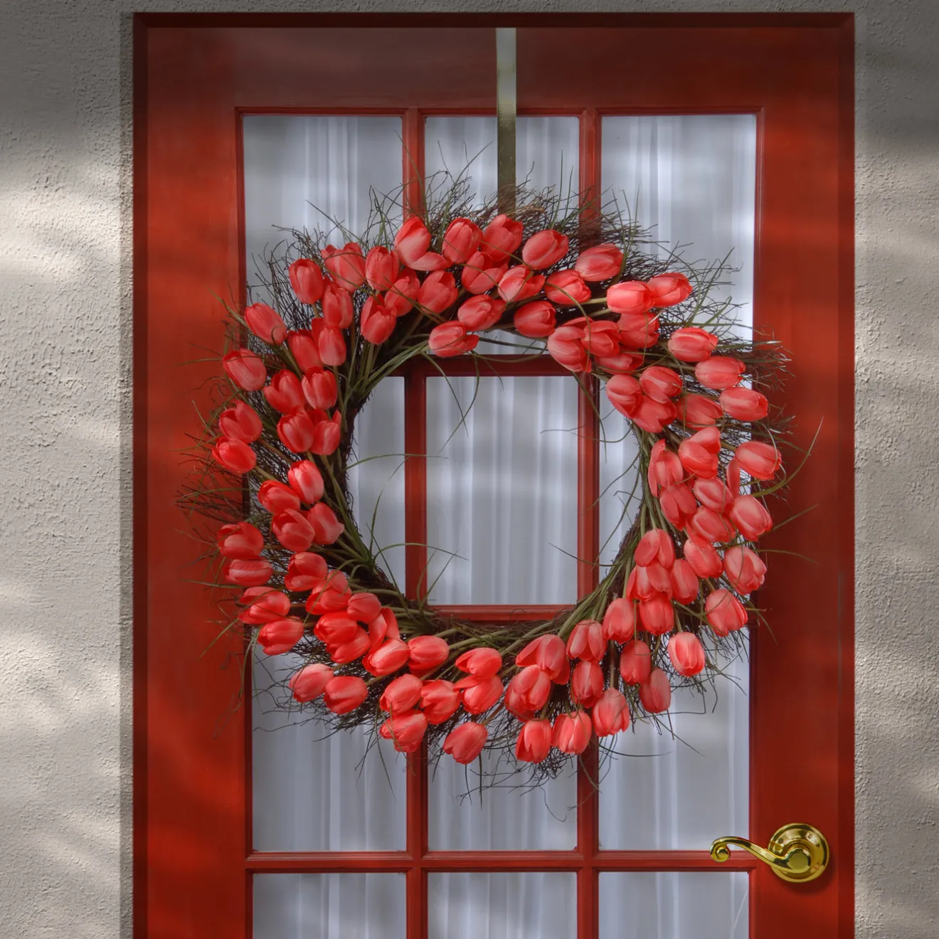 New 32 in. Spring Wreath with Red Tulip Blooms, Flowing Green Stems Wreaths