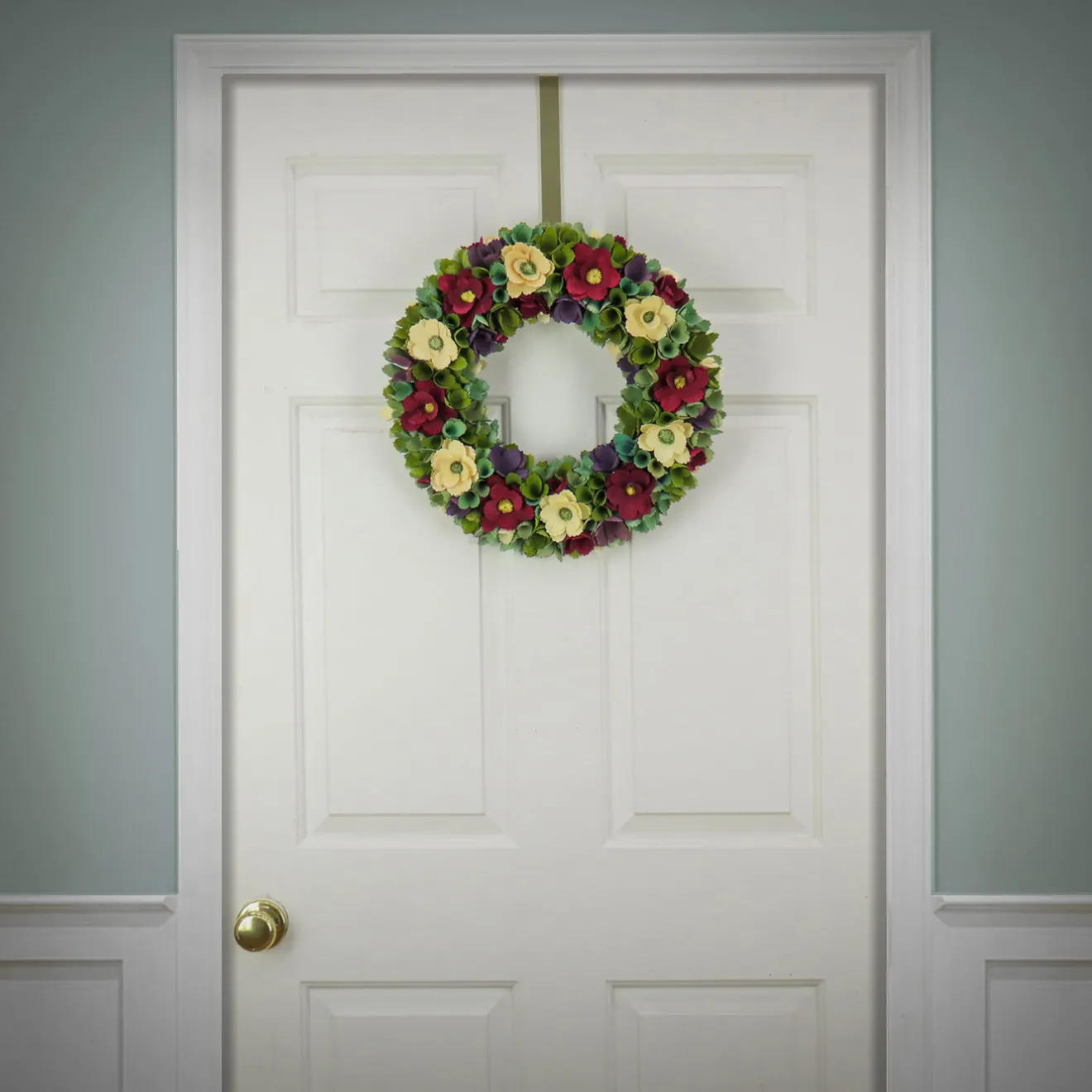 Sale 18 in. Spring Wreath with Red and Cream Assorted Wood Cut Flowers, Flowing Green Leaves Wreaths