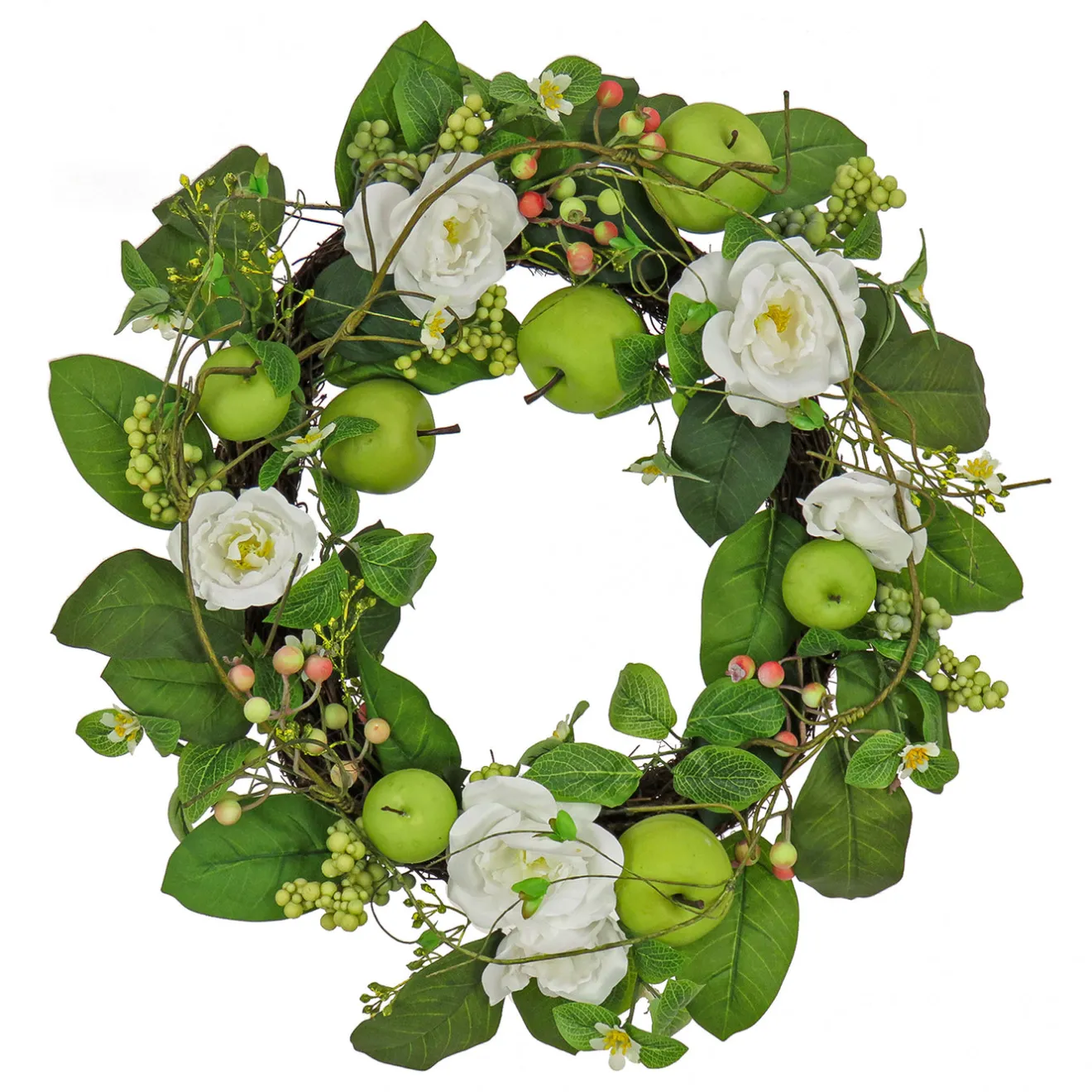 New 24 in. Spring Wreath with Rose Blooms, Apples, Leafy Greens Wreaths