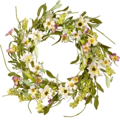 20 in. Spring Wreath with White and Purple Mixed Flower Blooms, Flowing Green Stems, Seed Pods Wreaths