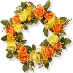 Clearance 20 in. Spring Wreath with Yellow and Orange Rose Blooms, Seed Pods, Berry Clusters, Leafy Greens Wreaths