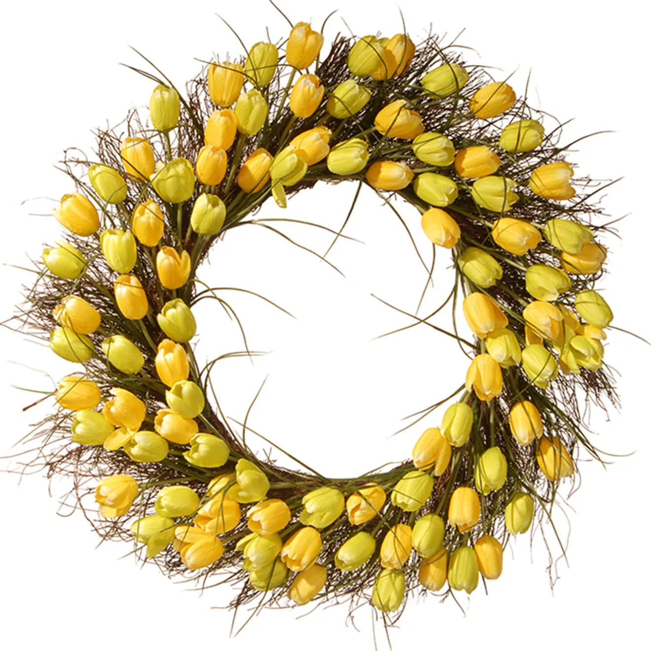 Hot 32 in. Spring Wreath with Yellow Tulip Blooms, Flowing Green Stems Wreaths