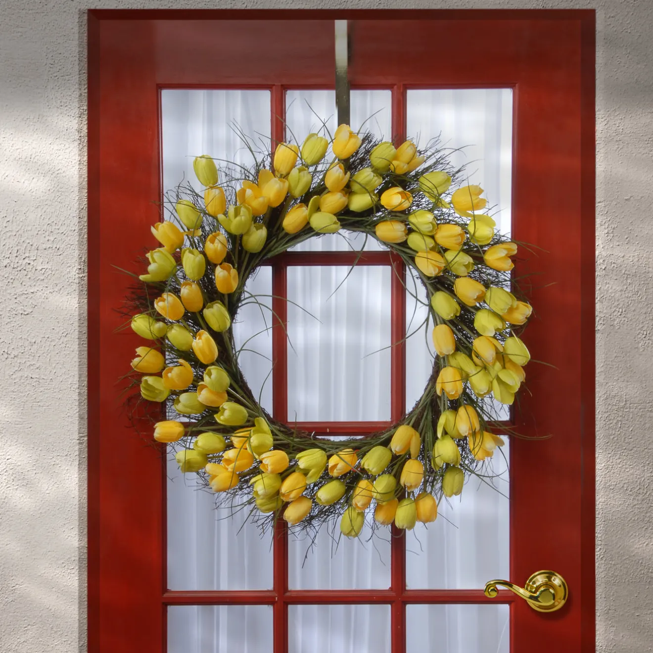 Hot 32 in. Spring Wreath with Yellow Tulip Blooms, Flowing Green Stems Wreaths