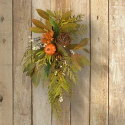 26 in. Wall Flower Swag Fall Decoration with Fern Fronds, Leaves, Pumpkins, Twig Cones Fall Decorations