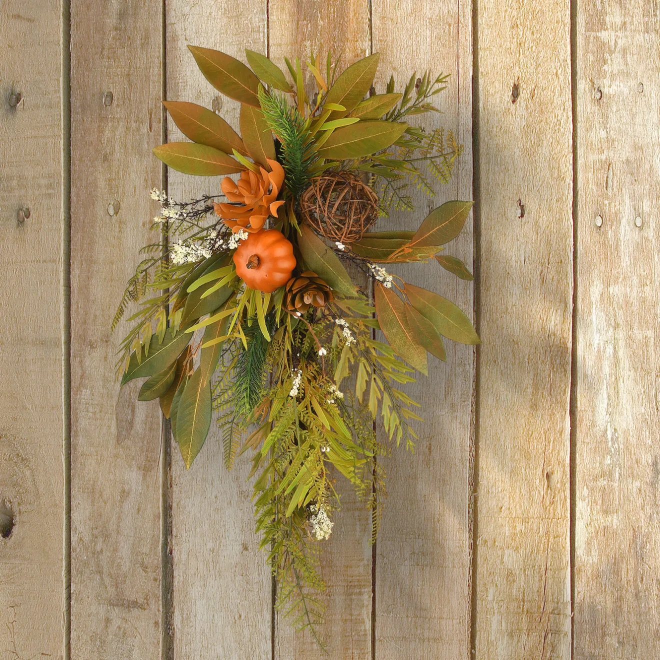 26 in. Wall Flower Swag Fall Decoration with Fern Fronds, Leaves, Pumpkins, Twig Cones Fall Decorations