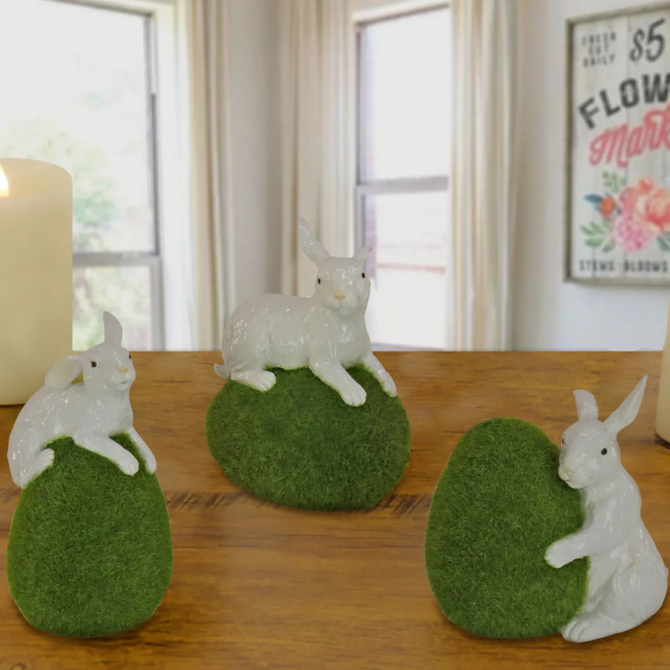 Best 7 in. White Easter Rabbit Figures on Green Moss Covered Eggs, Set of 3 Table Decorations