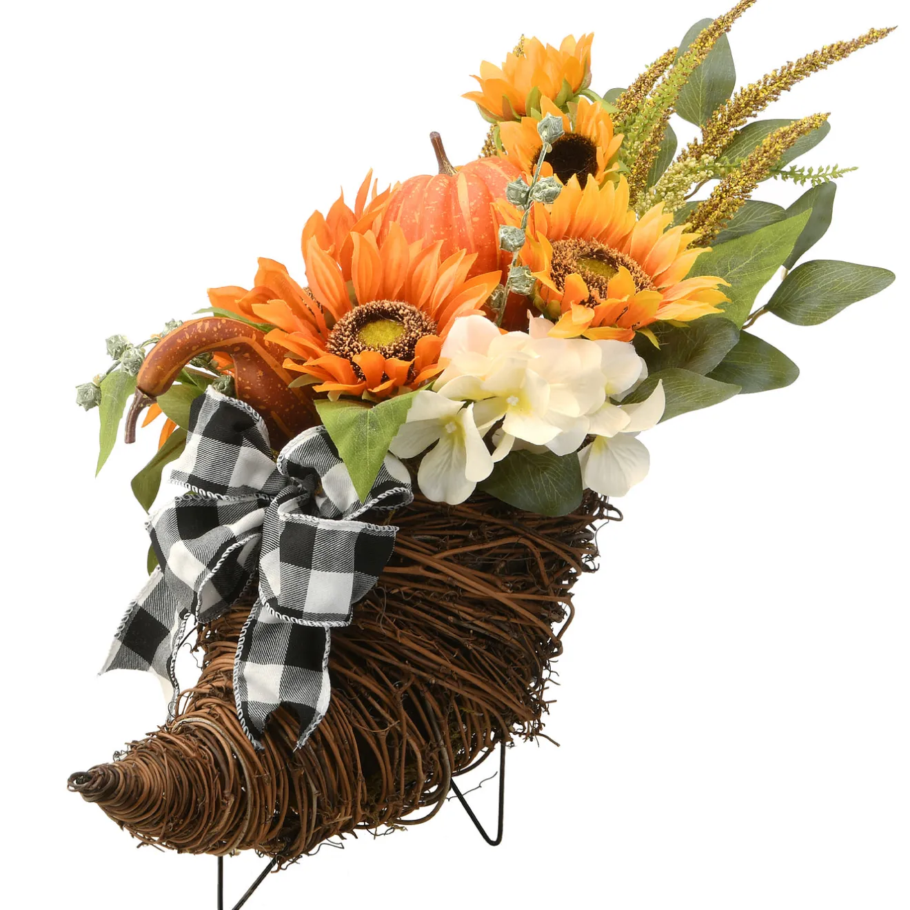 20 in. Wicker Cornucopia Basket Decoration with Pumpkins, Sunflower Blooms, Assorted Leaves Fall Decorations