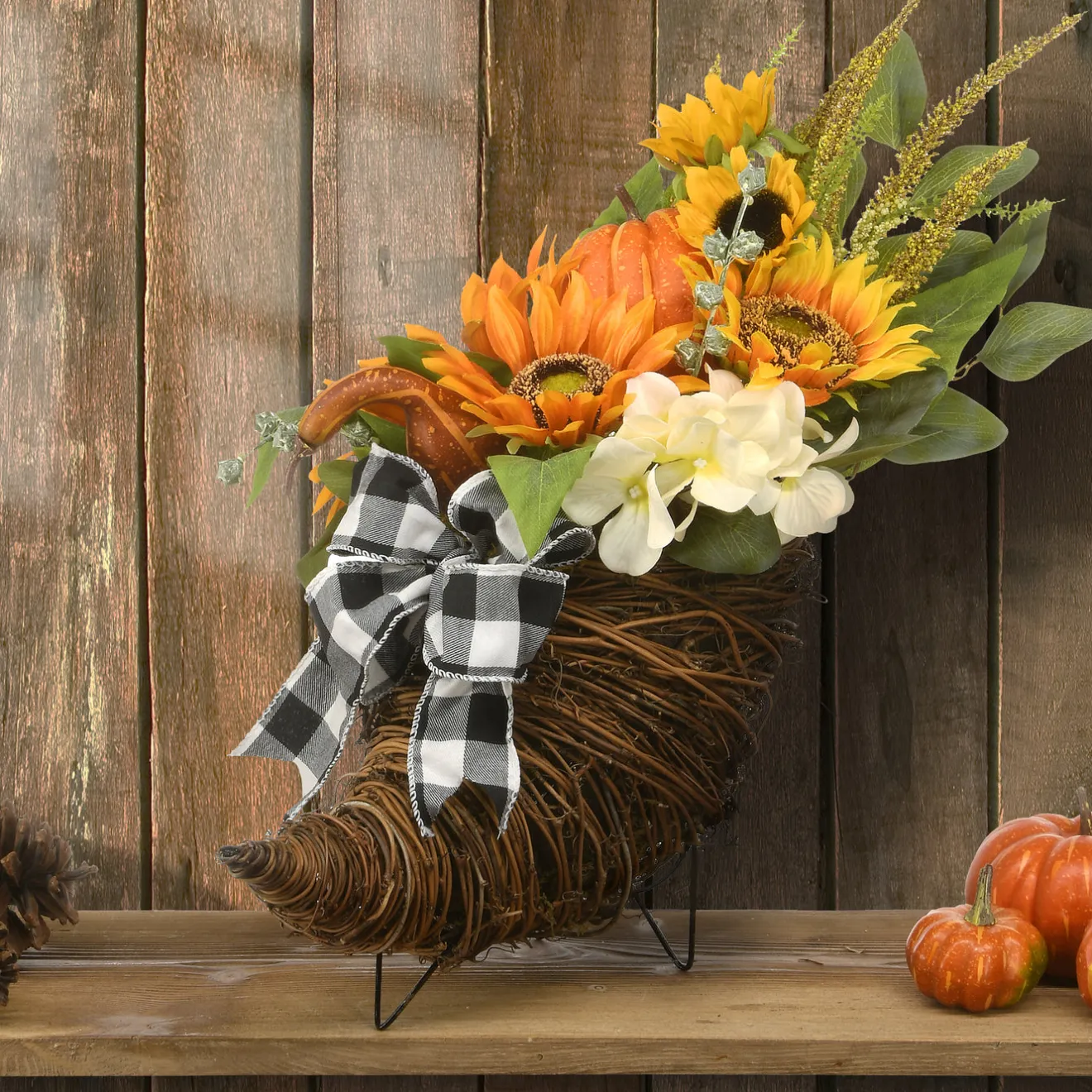 20 in. Wicker Cornucopia Basket Decoration with Pumpkins, Sunflower Blooms, Assorted Leaves Fall Decorations