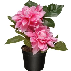 Clearance Artificial Potted Flowers, Pink Dahlias, Includes Black Pot Base, Spring Collection, 7 Inches Potted Plants