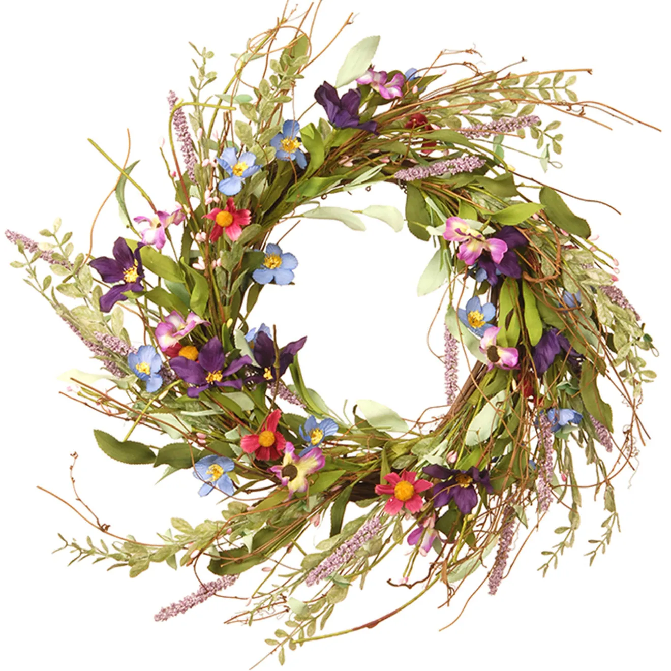 New 20in. Spring Wreath with Blue, Red and Pink Mixed Flower Blooms, Flowing Green Stems, Seed Pods Wreaths