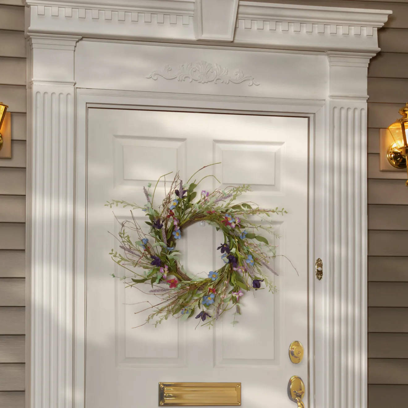 New 20in. Spring Wreath with Blue, Red and Pink Mixed Flower Blooms, Flowing Green Stems, Seed Pods Wreaths