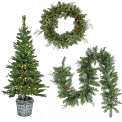 Clearance Pre-Lit Buzzard Pine Assortment Set of 1 Entrance Tree, 1 Wreath, 1 Garland Assortment Bundles