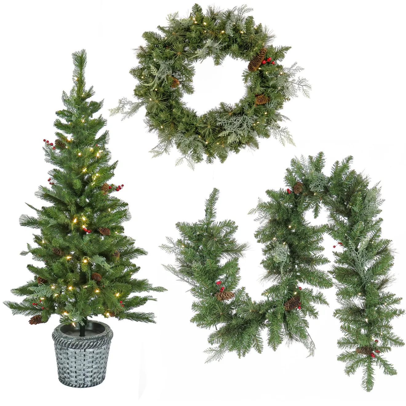 Clearance Pre-Lit Buzzard Pine Assortment Set of 1 Entrance Tree, 1 Wreath, 1 Garland Assortment Bundles