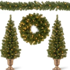 New Pre-Lit Evergreen Assortment Set of 2 Entrance Trees, 1 Wreath, 1 Garland Assortment Bundles