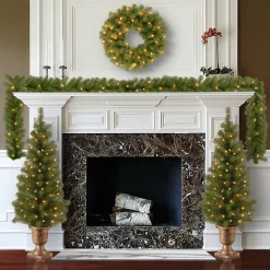 New Pre-Lit Evergreen Assortment Set of 2 Entrance Trees, 1 Wreath, 1 Garland Assortment Bundles