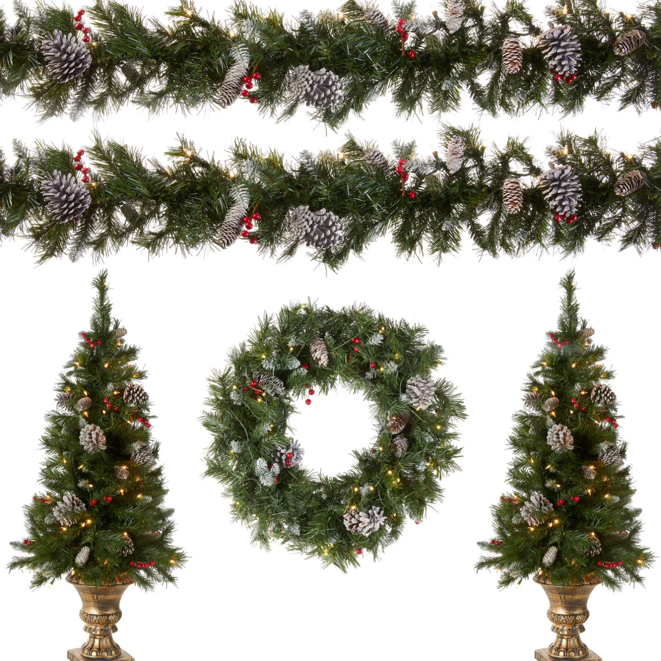 Online Pre-Lit Frosted Berry Assortment with 2 Entrance Trees, 1 Wreath, 2 Garland Assortment Bundles