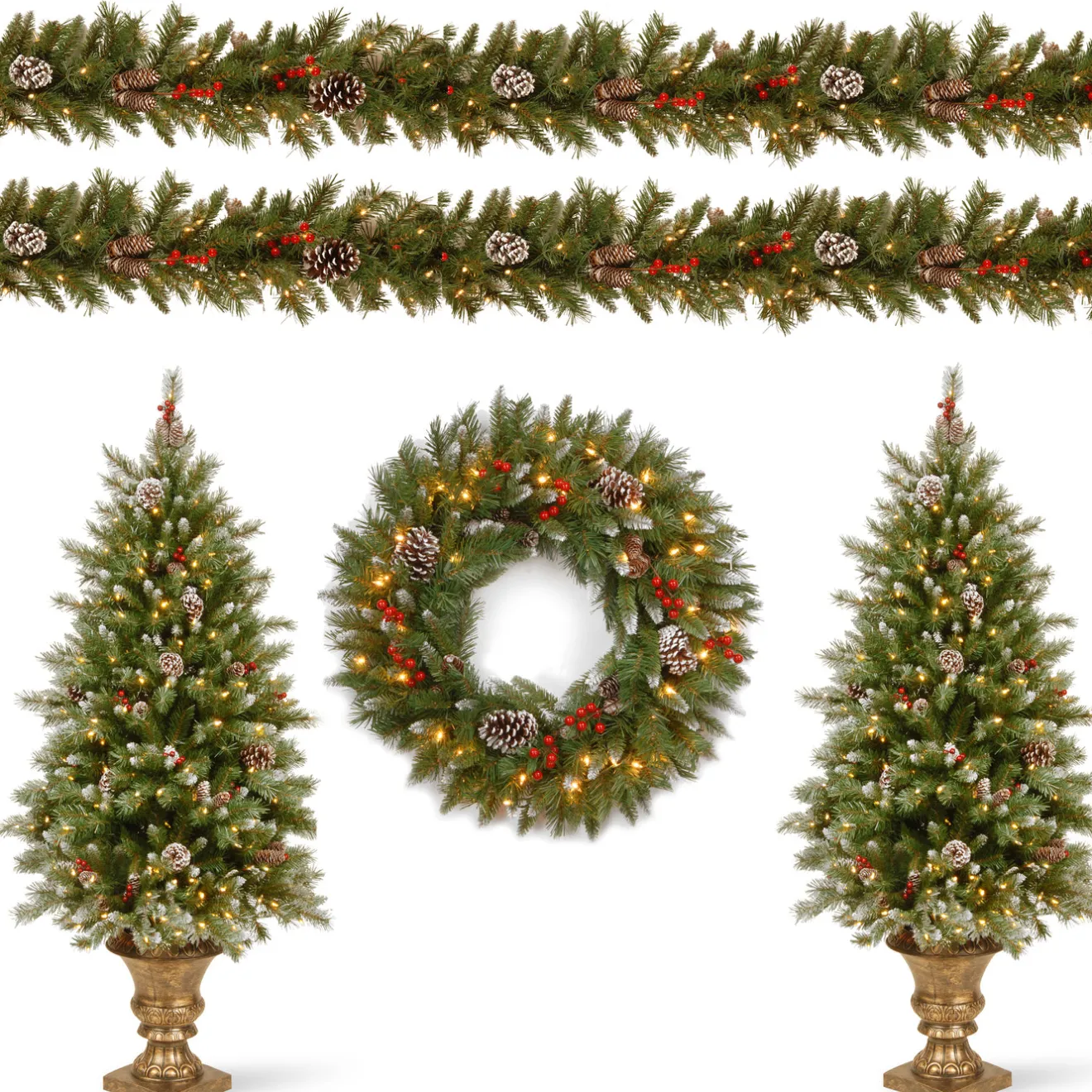 Online Pre-Lit Frosted Berry Assortment with 2 Entrance Trees, 1 Wreath, 2 Garland Assortment Bundles