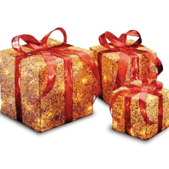 Pre-Lit Gold Gift Box with Red Bow, Set of Three, White Lights Yard Decorations