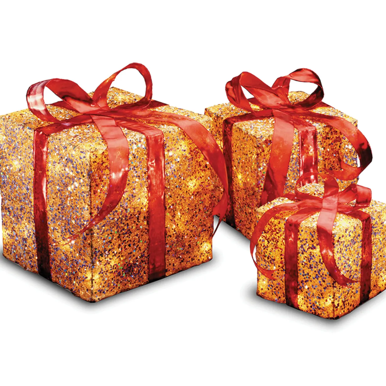 Pre-Lit Gold Gift Box with Red Bow, Set of Three, White Lights Yard Decorations