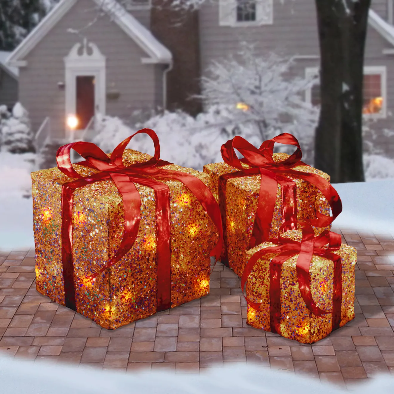 Pre-Lit Gold Gift Box with Red Bow, Set of Three, White Lights Yard Decorations