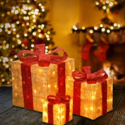Sale Pre-Lit Gold Gift Boxes, Set of Three, 105 White Lights Decorative Accents